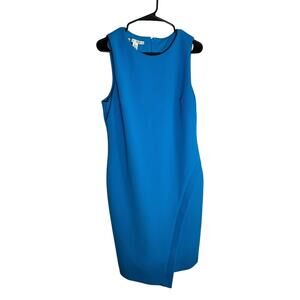 MAGGIE LONDON Blue Faux Wrap Sheath Dress Size 14 Office Effortless Chic Lined